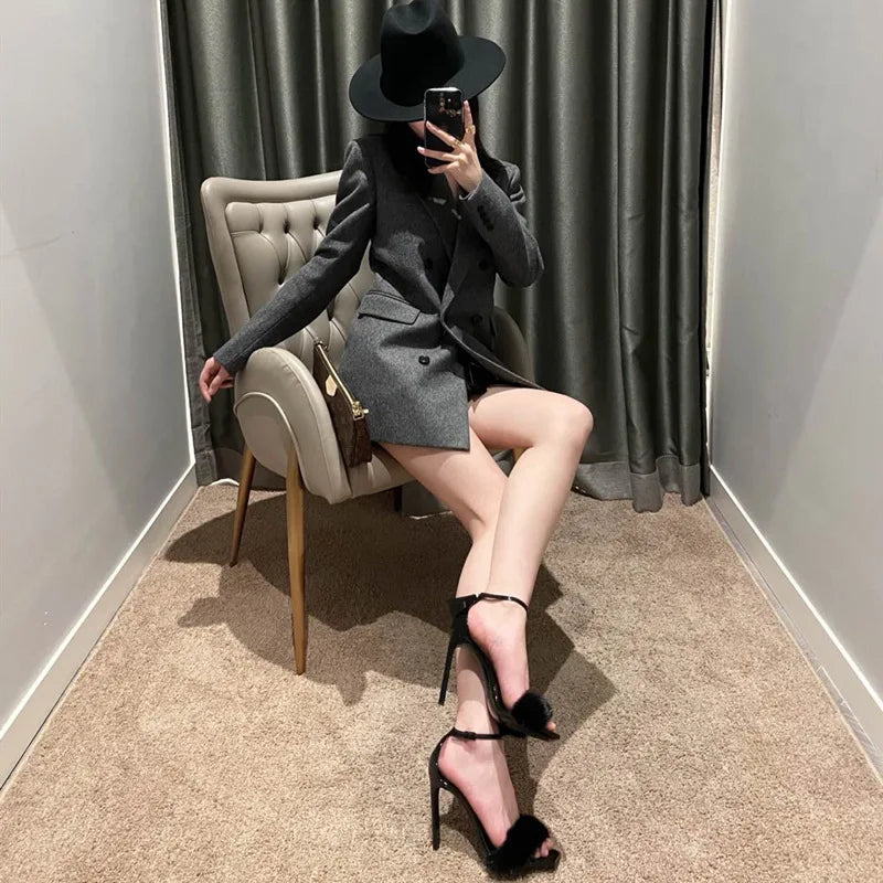 2025 Frühling Neu Nerzhaar High Heels Ein-Wort-Sandalen Eckige Zehen Stiletto Damenschuhe