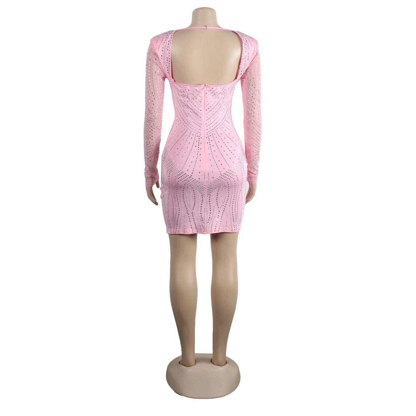 Damen sexy durchsichtiges Mesh-Strass-Dekor Langarm Skinny Partykleid