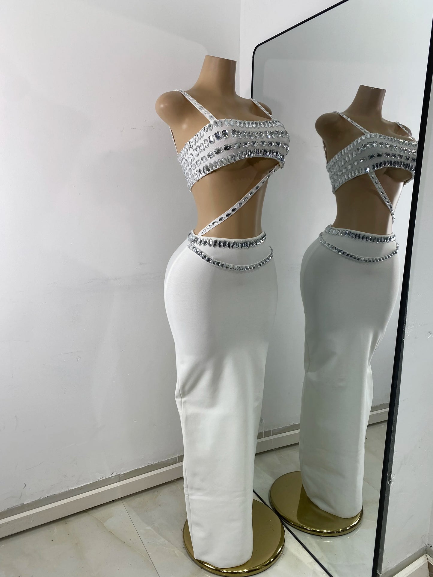 Luxus Kristall Diamanten Top Rock Zweiteiler Damen Bandage Sets Weiß Schwarz Gestrickt Celebrity Abend Geburtstag Party Outfit