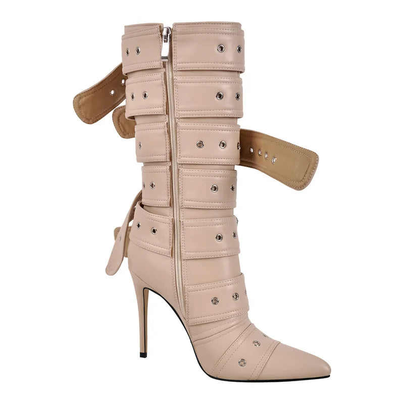 Onlymaker Women Pointed Toe Mid-Calf Boots Buckle Strap Thin High Heel Lady Zipper Female  Stiletto Boots