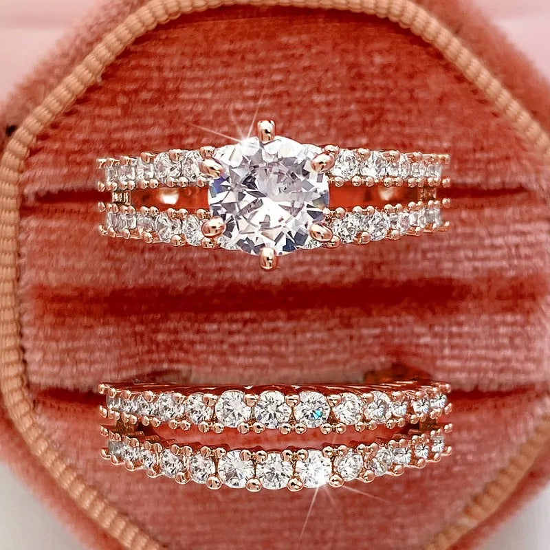 Huitan Sparkling 2Pcs Set Cubic Zirconia Rings for Women Wedding Engagement Fashion Jewelry Luxury Trendy Female Rings Wholesale