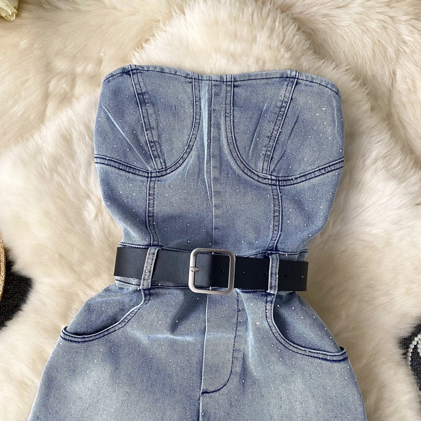 Damen Jeans Jumpsuit Sommer Playsuit Mode Hot Drill Hoher Bund Schmal Ärmellos Trägerlos Gürtel Outfits