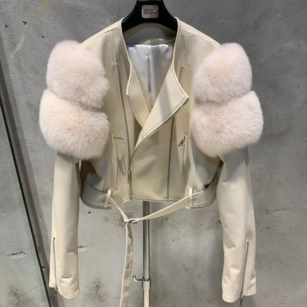 GO BALLISTIC YA Women Leather Jacket With Fur Sleeve Fashion Ladies Crop Jacket