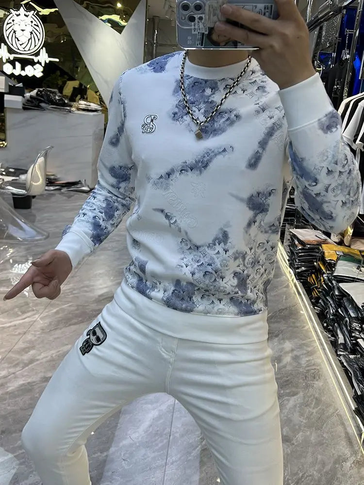 Trend Vielseitig Frühling Herbst Neu Herren O-Ausschnitt Graffiti-Druck Kontrastfarbe Mode Luxus Lässig Langarm Sweatshirts Oberteile
