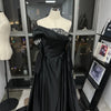 Bella Schwarzer Satin Perlen Abendkleider One Shoulder A-Linie Ballkleider Maßgeschneiderte Lange Ärmel Bodenlanges Hochzeitskleid