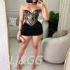HLJ&GG Sexy Off Shoulder Corset Vest Two Piece Sets Women Sleeveless Backless Bandage Irregular Top + Sequin Mini Skirts Outfits