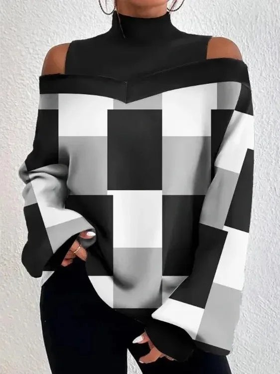 2024Damen Langarm Rollkragenpullover Damen Sexy schulterfrei ausgehöhlte lockere bedruckte T-Shirts 2024 Herbst Mode T-Shirt Top