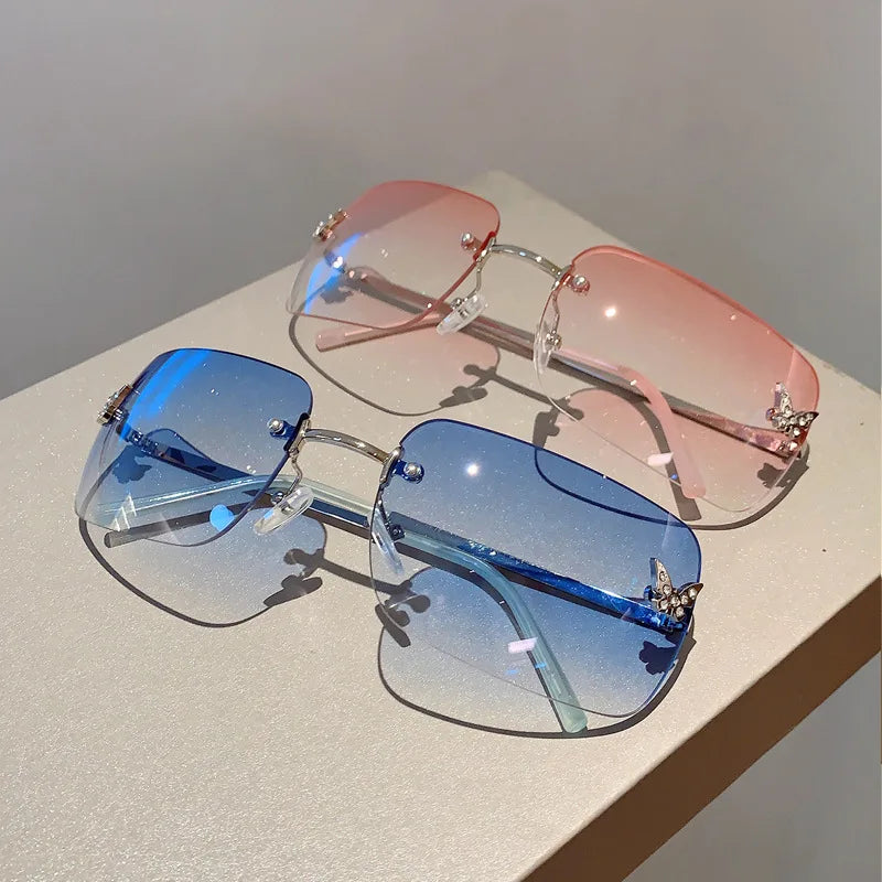 Y2K Luxusmarken Designer Randlose Quadratische Sonnenbrille Damen Für Weibliche Trendige Sonnenbrille Diamant Schmetterling Rosa Punk Shades UV400