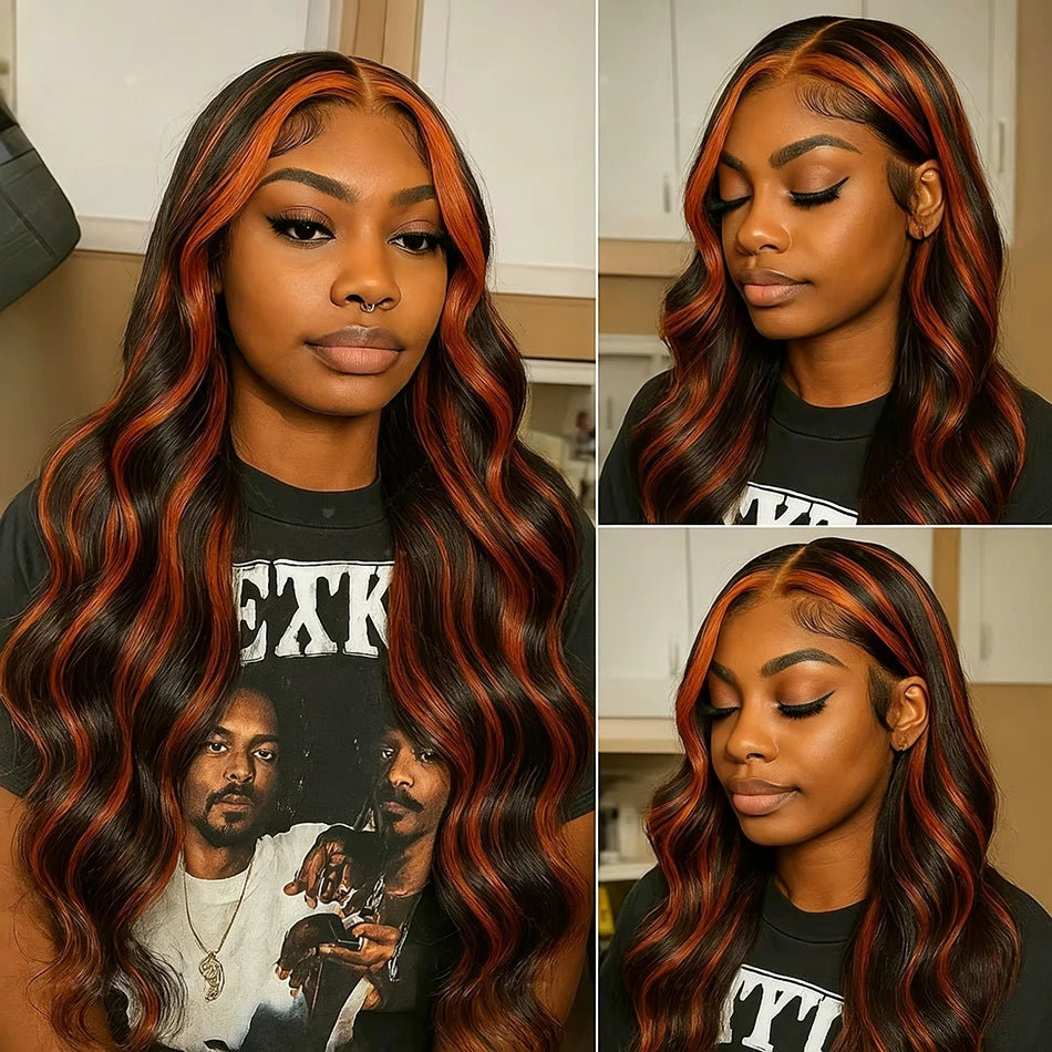 Ginger Brown Highlight Body Wave Lace Frontal Wigs Colored Human Hair Glueless Ombre Ginger Orange HD 13x4 Lace Front Lace Wig