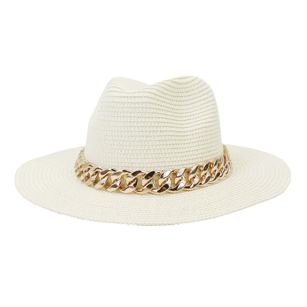 Set Straw Hat and Bag Set Gold Chain Bag Hat Set Ladies Leather Bag Tote Church Fedora Party Jazz Straw Hat