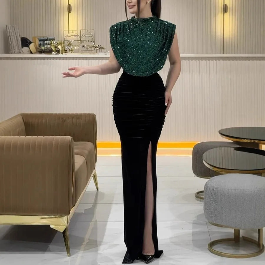 Spring Sequined Patchwork Sleeveless Long Dress Casual Party Draped Split O Neck Sequin Splicing Party Dress 2025