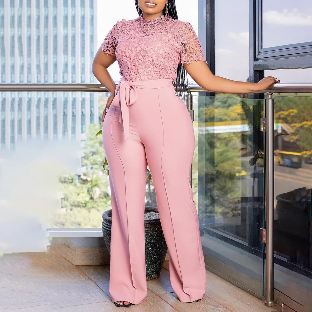 Elegante Jumpsuits & Rompers für Damen Rundhals Spitze Patchwork Kurzarm Gürtel Hohe Taille Luxus Geburtstagsparty Abend Outfit