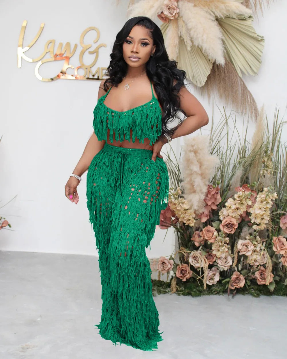 FAGADOER Sexy Hollow Out Tassels Pants Two Piece Sets Women Halter Sleeveless Backless Crop Top + Pants Outfit Female Streetwear