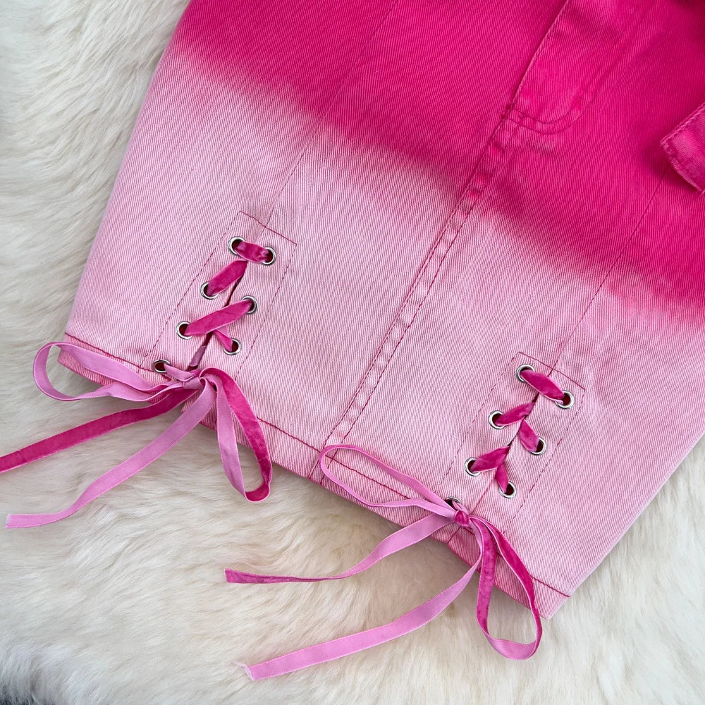 Pink Gradient Jeans Skirts Set Girl Fashion Denim Sleeveless Camisole Vest Top Two-piece Set Mini Bodycon Strap Skirt Summer