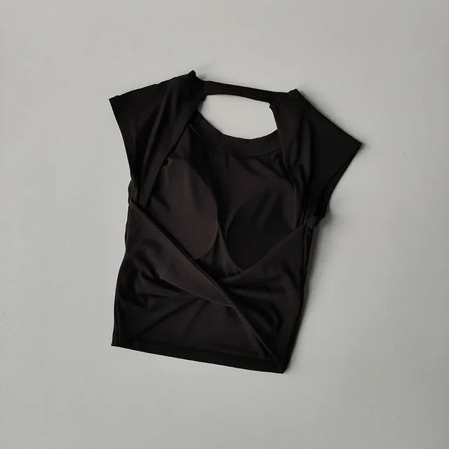Sexy Kurzes Rückenfreies Sport-T-Shirt mit festem Brustpolster Damen Eng Anliegendes Schnell Trocknendes Schlankmachendes Yoga-Top