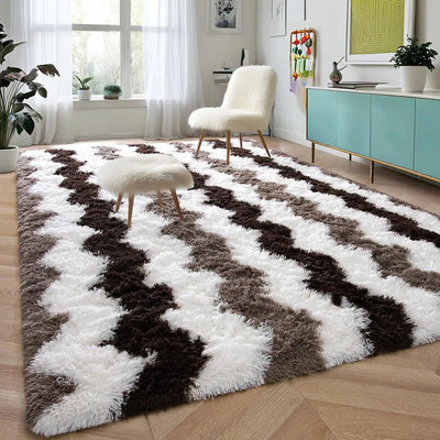 Weiche, zottelige Teppiche Plüschige Teppiche für Wohnzimmer Schlafzimmer Flauschige Teppiche Heimdekoration, 5x8ft, Streifen Braun