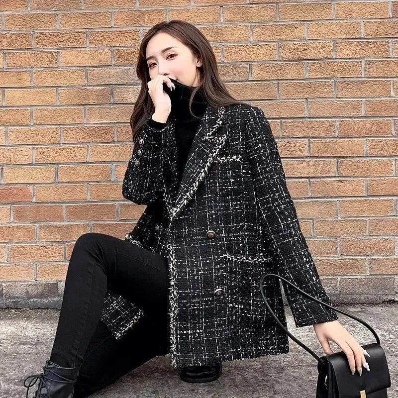 Tweed-Karo Anzugjacke Damen Oberbekleidung Lockerer Mittellanger Zweireihiger Freizeit-Wollblazer Top 2024 Frühling Herbst Neuer Schicker Anzug