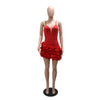 Damen Rüschen Ärmelloses Bodycon Mini-Faltenkleid Party Elegant Kurze Abendkleider Luxus Sexy Geburtstag Rotes Ballkleid