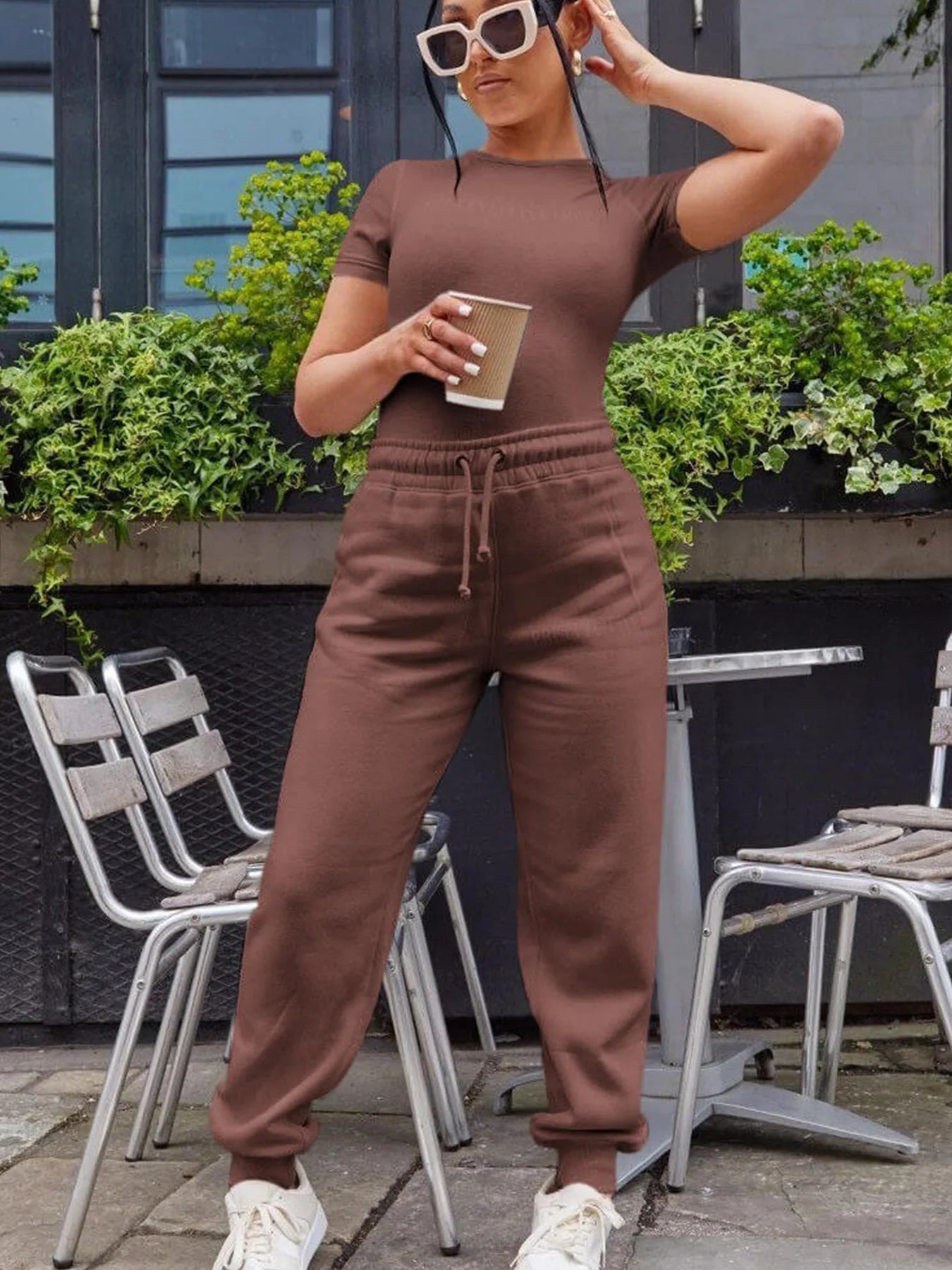 Two Piece Versatile Solid Color Sports And Leisure Set, Women's Cotton Slim Fit T-shirt Paired With Loose Jogging Pants