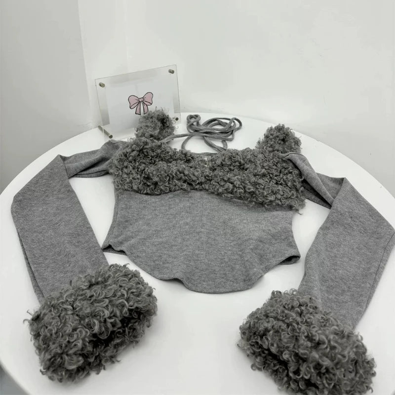 Süß Sexy Unregelmäßig 2-teiliges Set Damen Chic Plüsch Patchwork Slim Tops Minirock Anzug Koreanischer Y2k Ästhetik Lolita Stil Outfits