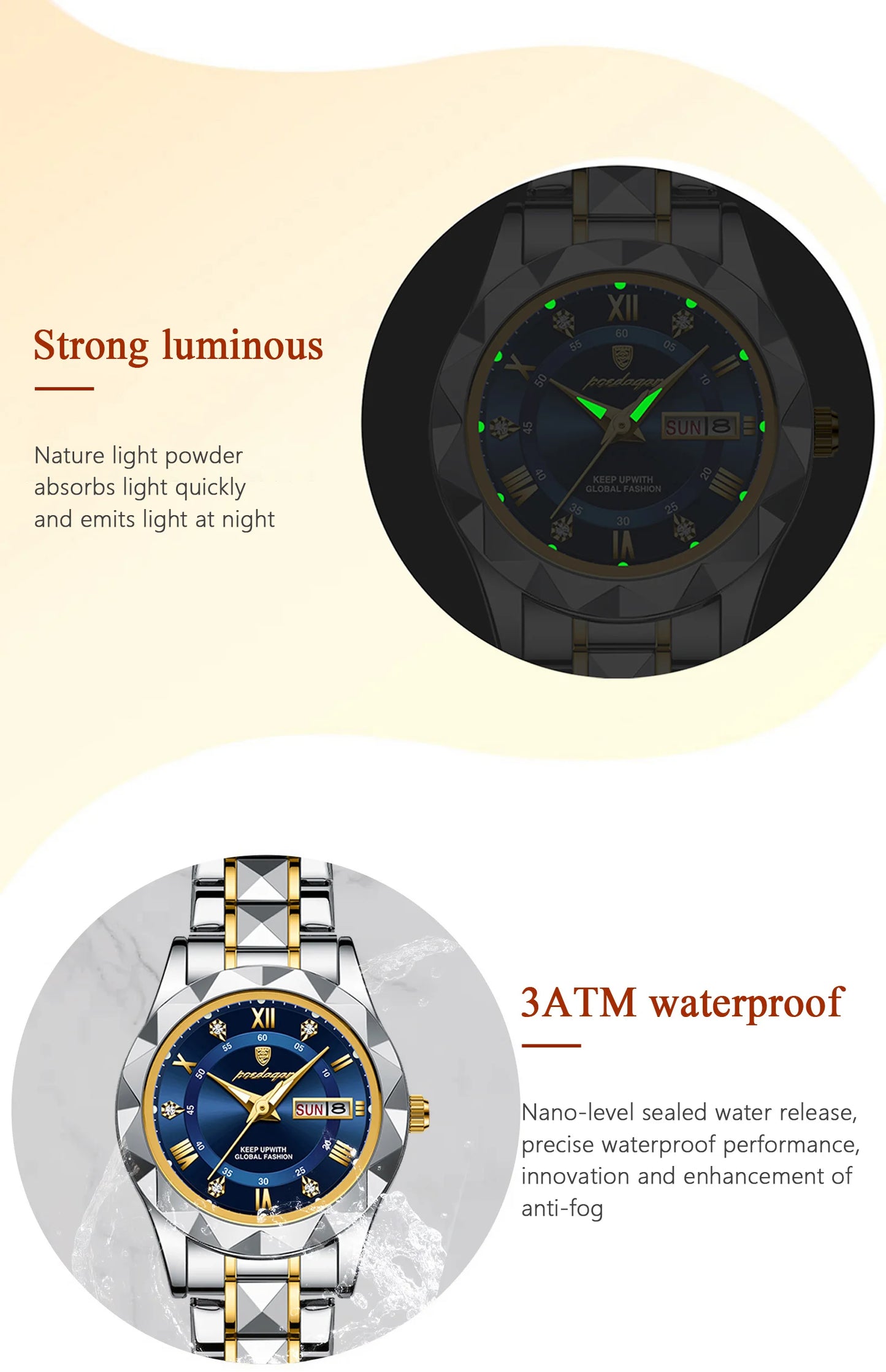 POEDAGAR Luxuriöse Damen-Kleideruhr, leuchtend, wasserdicht, Wochen- und Datumsanzeige, Damenarmbanduhr, Edelstahl-Damenquarzuhr reloj+box