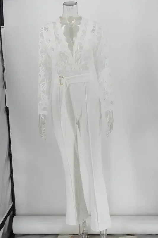 Weißer Overall Damen, elegant, Spitze, lang, Einteiler, hohe Taille, Federn, Y2k, sexy, Hochzeitsfeier, Abend, Jumpsuit
