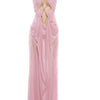 Beyprern Sexy Rhinestone Chain Halter Backless Maxi Dress Women 2026 Summer Cut Out Ruched Club Vestidos Bodycon Long Dresses
