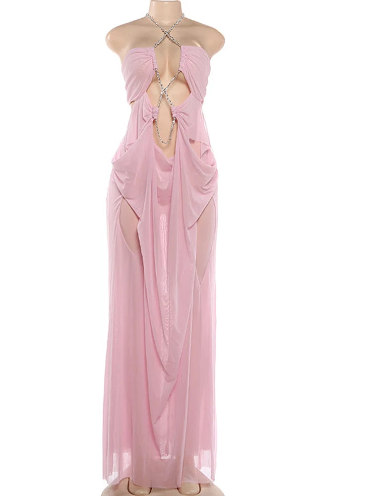 Beyprern Sexy Rhinestone Chain Halter Backless Maxi Dress Women 2026 Summer Cut Out Ruched Club Vestidos Bodycon Long Dresses