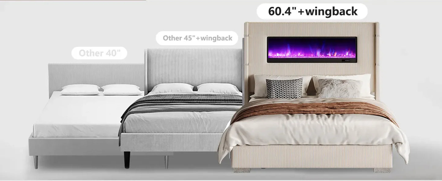Bettrahmen mit Kamin, Polsterbett mit Flügelkopfteil und 153,4 cm hohem Kopfteil, Samt-Polsterbett mit Holzlattenrost
