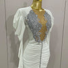 Luxury Sparkly Crystals Sexy Mesh White Velvet Short Dress 2025 Women Elegant Evening Prom Birthday Party Dresses Stage Costume
