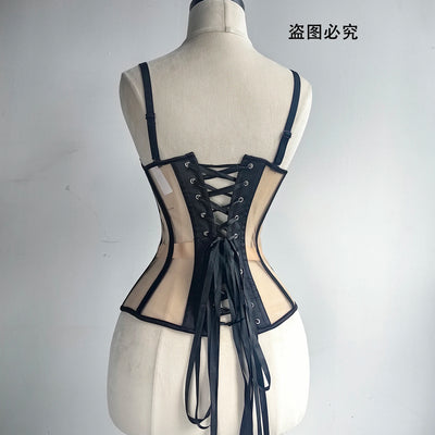 Women Luxury Mesh Corset Bustier Transparent Bodices With Cups Waist Slimmer Lace Up Steel Bone Tight Fitting Tube Tops Costume