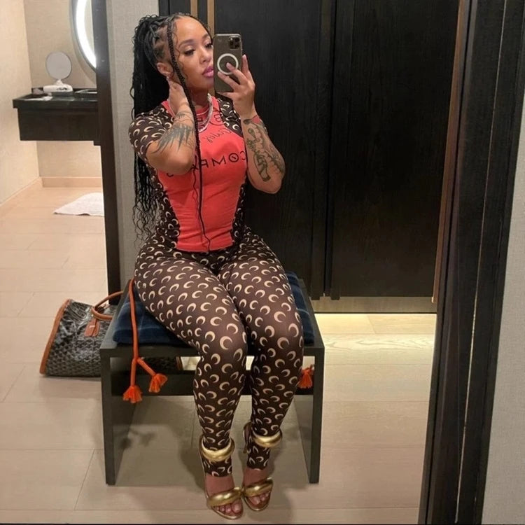 Stretch 2 Piece Set Women Short Sleeve T Shirt Tight Pants Moon Print Slimming Sportswear Sexy Base Fashion