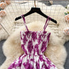 2024 New Summer Korean Fashion Rose Flower Print Romantic Retro Party Dress Elastic High Waist Vacation Long Dress Beach Vestido