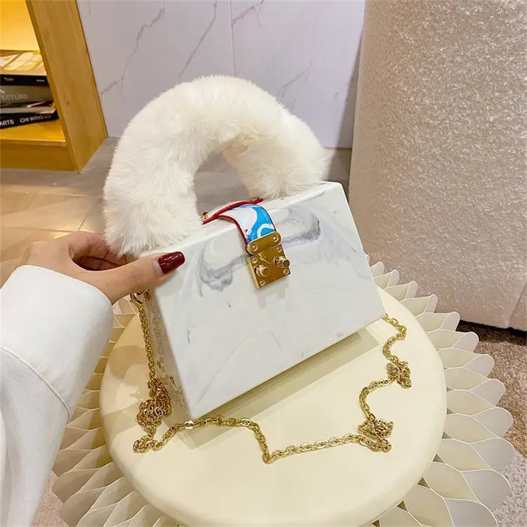 Faux Fur Top Handle Acrylic Party Box Clutch Fashion Purses and Handbags for Women Designer Evening Bag Chain Shoulder Bag