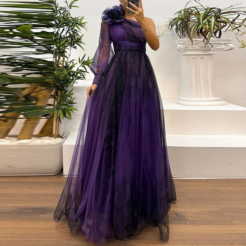 Vintage Blumenmuster Langarm High Waist Langes Kleid Sexy Asymmetrisches Mesh Abendkleid Neu Ein-Schulter-Ärmel Falten Brautjungfernkleid