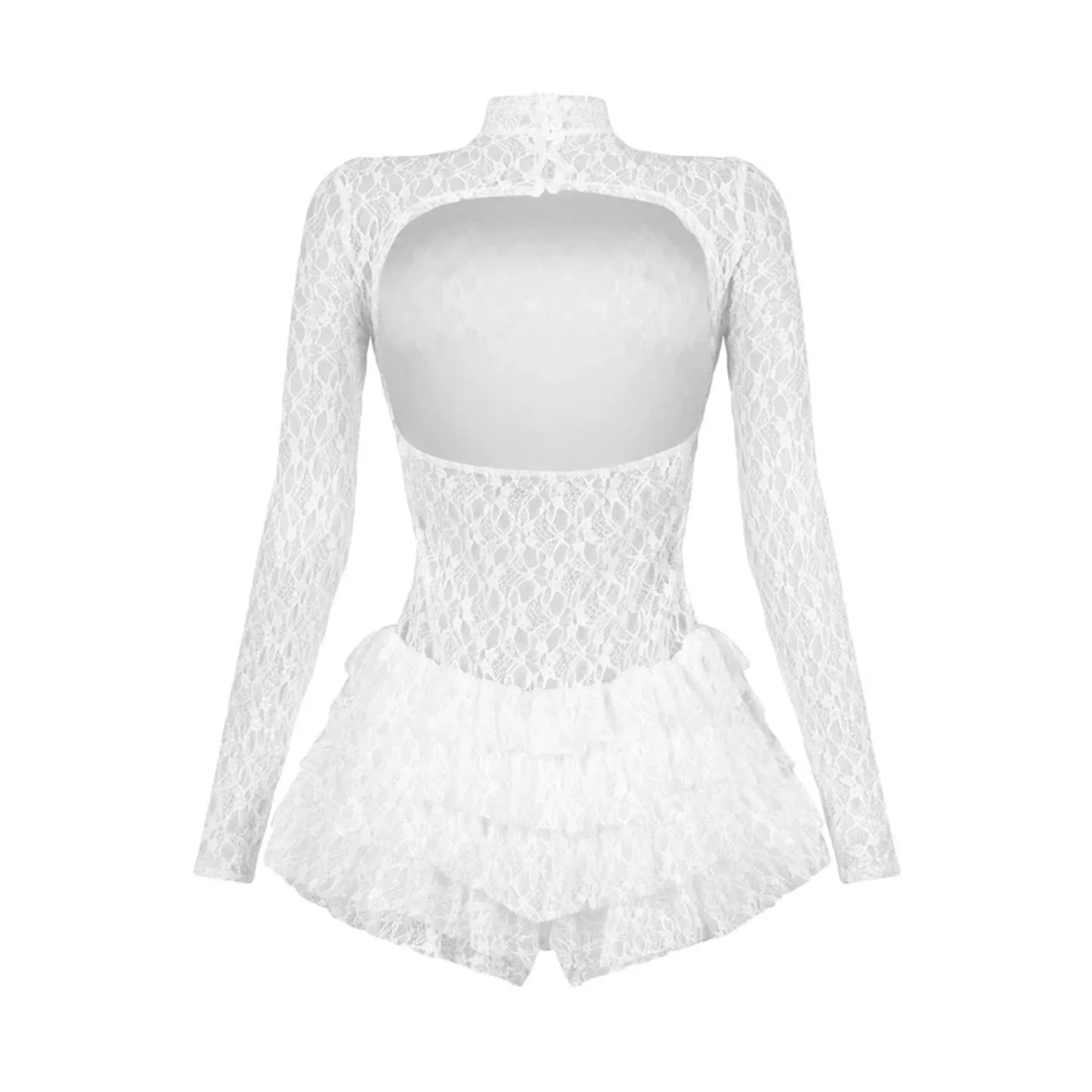 BWQ Women Long Sleeve Lace Ruffles Ruched High Waist Short Jumpsuit Streetwear Backless Street One Piece Romper Playsuit