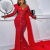 Sparkling Red Long Prom Dreses Mermaid Beaded Lace With Shawl Evening Gown Birthday Wedding Party Gala Dresses Customized