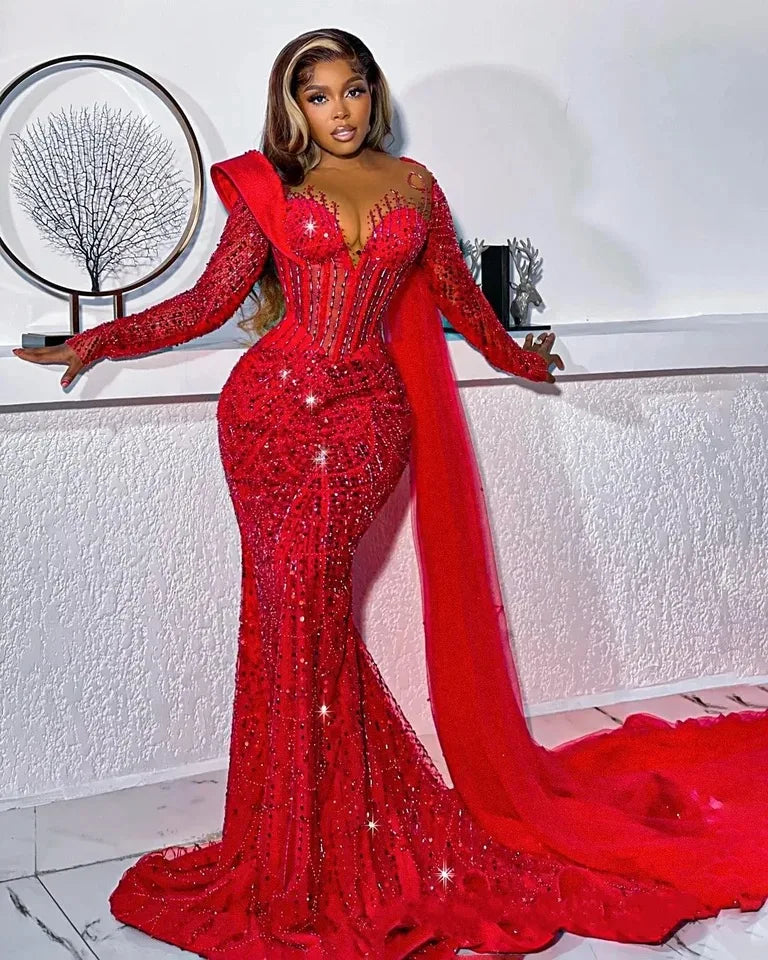 Sparkling Red Long Prom Dreses Mermaid Beaded Lace With Shawl Evening Gown Birthday Wedding Party Gala Dresses Customized