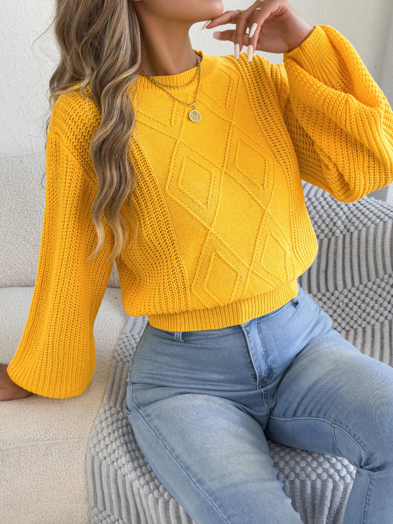 Women's Solid Color Round Neck Lantern Long Sleeve Knitted Sweaters for 2026 Autumn Winter Woman Clothes Yellow Red Khaki Tops