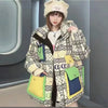 2023 Europäische Station Winter Neue Daunenjacke Damen Warm Mode Kurze Farb-Patchwork Graffiti dicke Weiße Entendaunenjacke