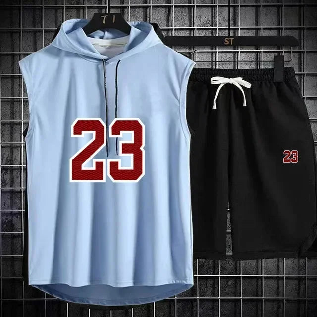 Summer New Men's Sleeveless Hooded T-shirt+shorts pants Sports two-piece set gym  Fashion  Casual Men Women Sports Two Piece Set