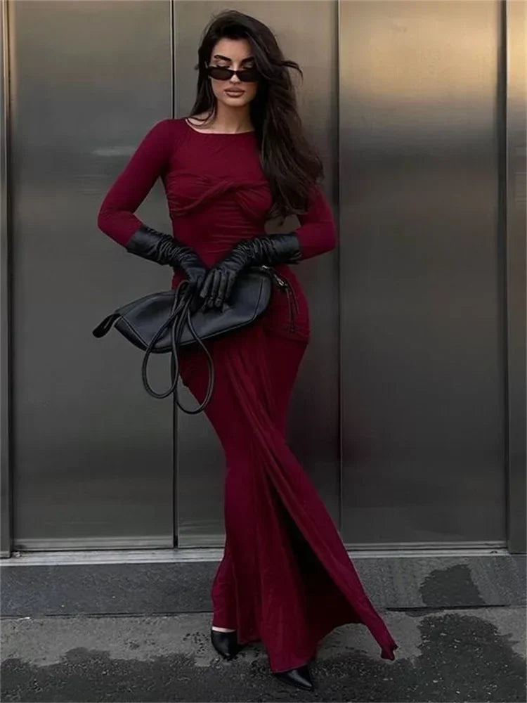 Tossy Damen Plissee Sexy Maxikleid Patchwork Twist Slim Langarm Einfarbig Y2k Herbst Streetwear Kleid Damen Bodycon Kleid