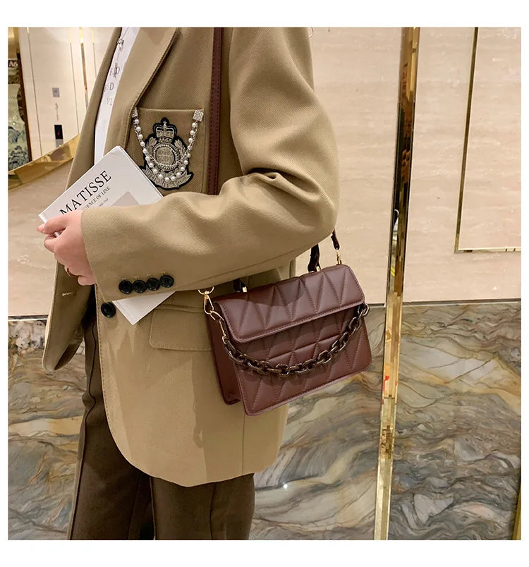 Solid Plaid Crossbody Bags For Women, Chain Decor Fashion Shoulder Bag Ladies Handbag For Daily Used