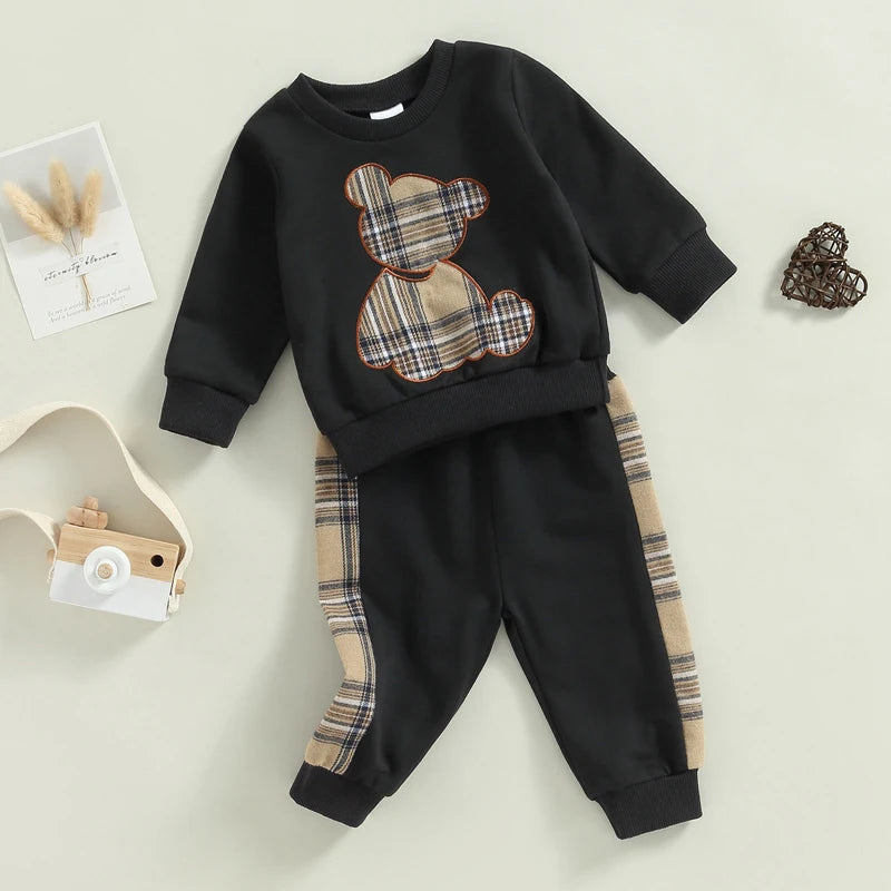 0-24M Baby Girls Autumn Clothes Newborn Toddler Long Sleeve Plaid Bear Pattern Tops Sweatshirt Pants Outfits Tracksuits