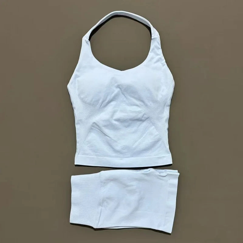 2 Pieces Sports Set Women Backless Halter Tops High Waist Seamless Hight Stretch Shorts Gym Suit Sportswear Workout Sets