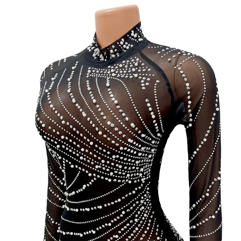 Sexy Perlen Strass Partykleider Damen Eleganz Nachtclub Feder Geburtstagskleid Langarm Mesh Sheer Bodycon Minikleid