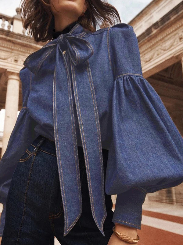 Gymystars Neue Trendige Imitation Jeans Blusenoberteile für Damen, lange Puffärmel, Schleifenverzierung, hoher Hals, Damen Herbsthemden