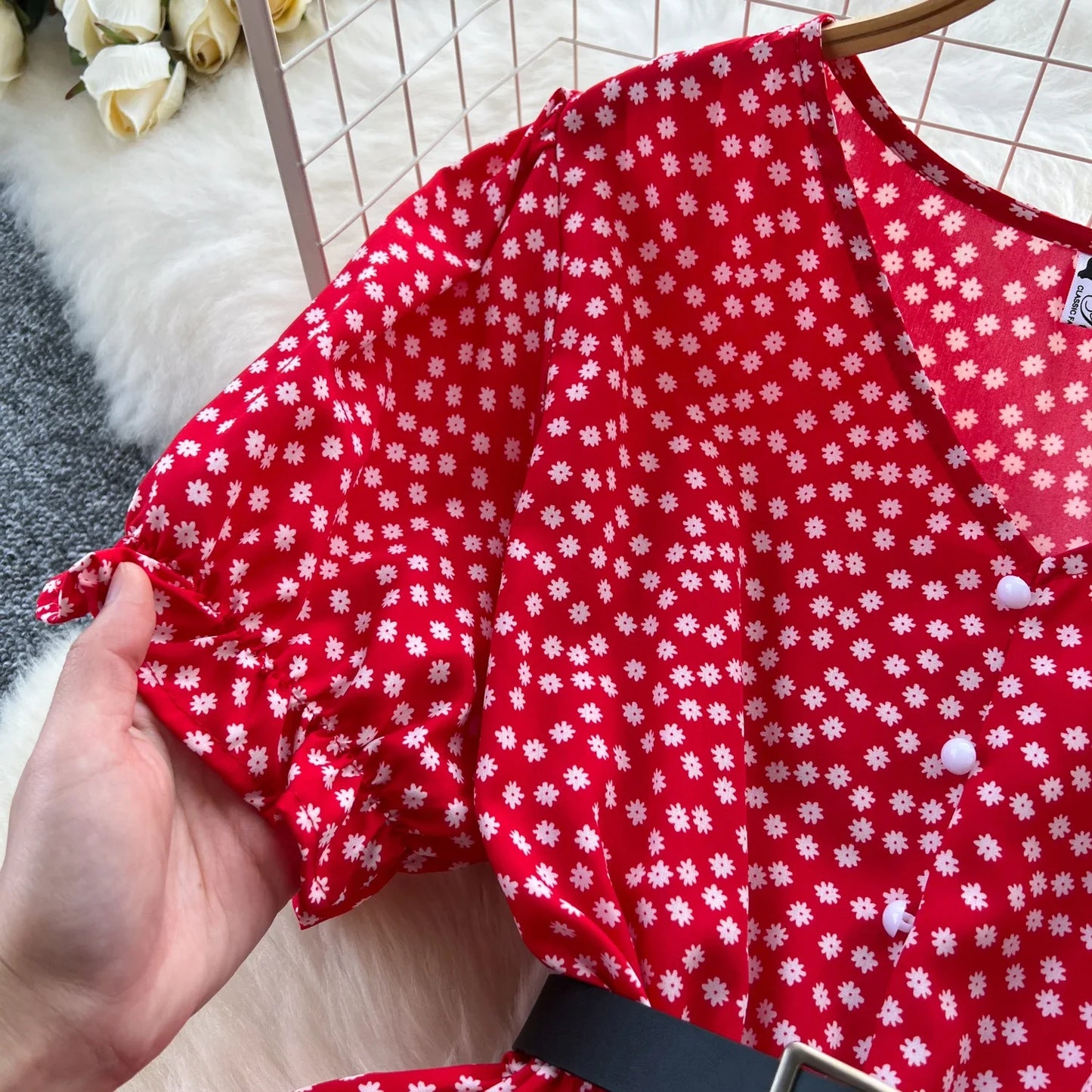 Sommer Plissiert Damen Knopfkleider Lässige Strandurlaub Kurzarm V-Ausschnitt Damen Midikleid Böhmische Mujer Vestidos