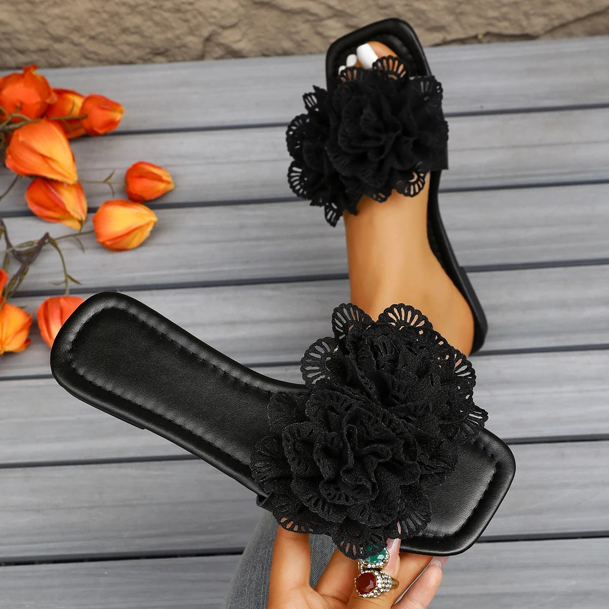 Fashion New Women'S Sandals Square Toe Flat Shoes Summer Simple Flip Flops Women'S Home Slippers Women'S Beach Shoes Casual Shoe