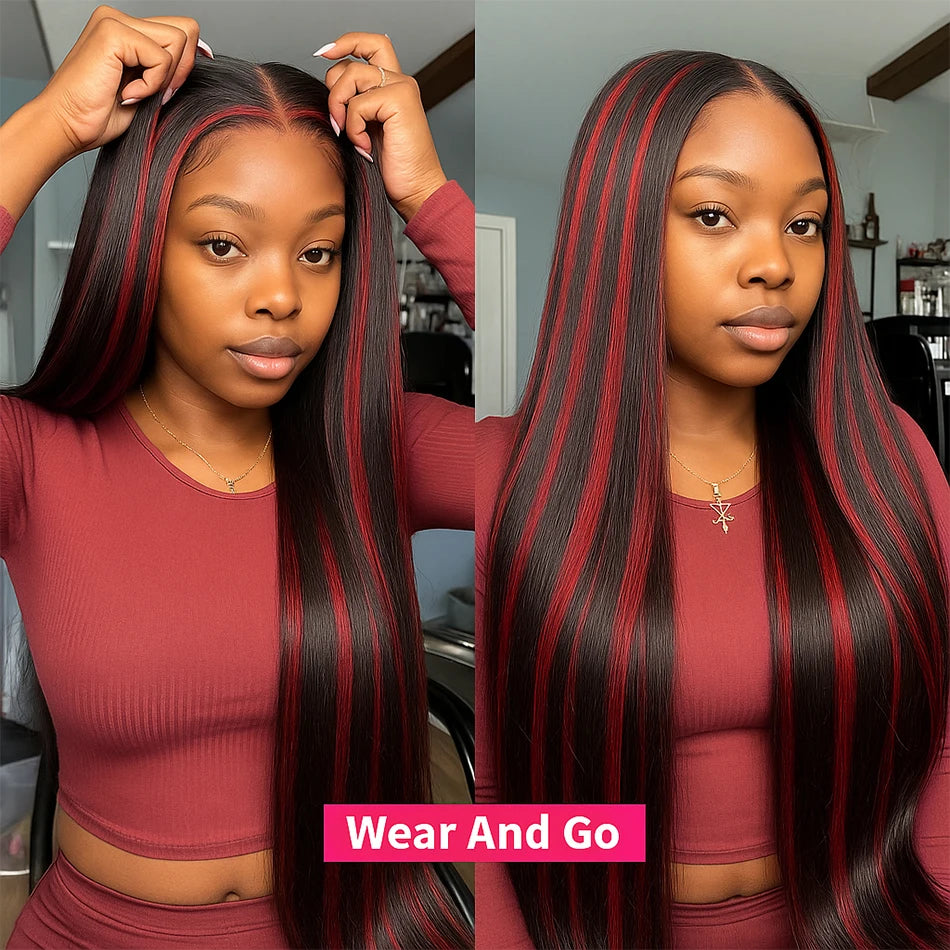 200% Upgraded 1B/99J Black With Red Bone Straight 5x5 Highlight Wig Human Hair Brazilian Burgundy Colored Glueless Wig For Women